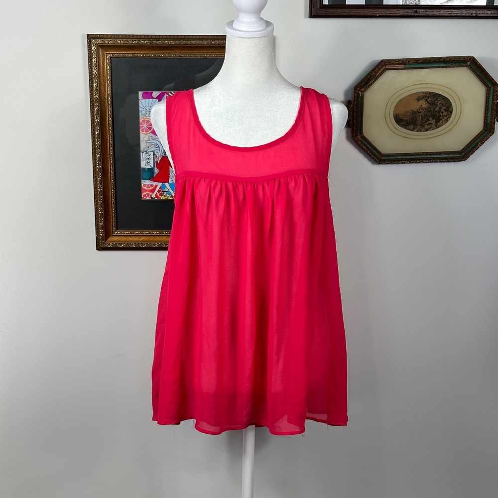 JW Style Hot Pink Sheer Sleeveless Babydoll Top - SIZE L Colorful Preppy